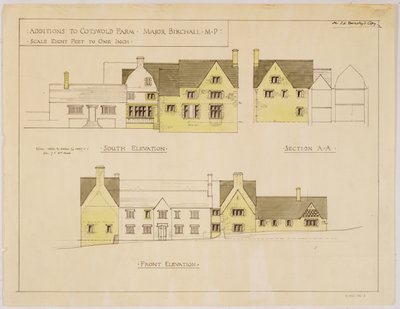 Additions to Cotswold Farm: south and front elevations, c.1925 by Sidney Barnsley